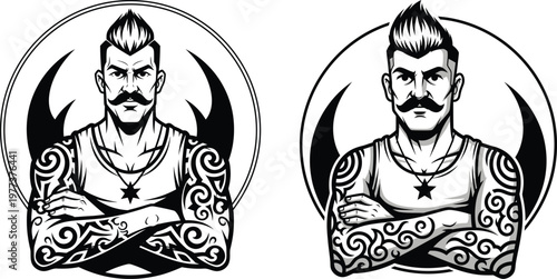 Tattooed man with mohawk and crossed arms illustration bad boy body art portrait muscular illustration character attitude mustache