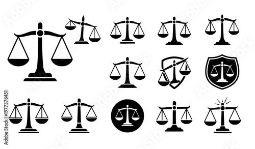 A set of black and white scales icons for law and justice