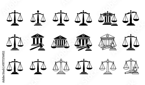 A collection of black and white vector icons depicting scales of justice and courthouse symbols
