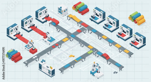 Automated Manufacturing Assembly Line With Robots And Conveyor Belts.