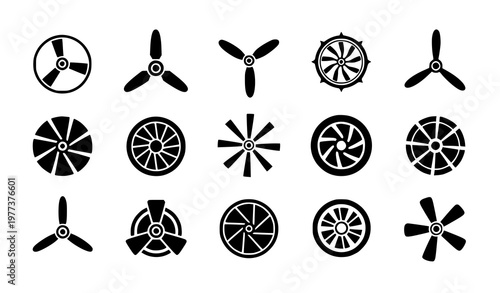 A collection of black and white fan blade icons in various designs