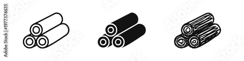 Wooden log stack icon set featuring three variations: outline, solid black, and textured hand-drawn sketch style