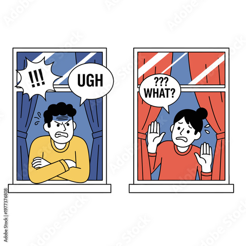 Angry Man Yelling Ugh at Confused Woman Through Window, Neighbor Conflict