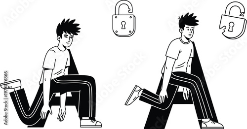 Illustration of a man in motion with open and closed locks symbolizing security or freedom security progress movement abstract illustration challenge