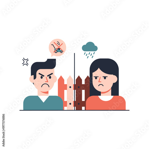 Angry neighbors arguing over lawn mowing noise, conflict illustration