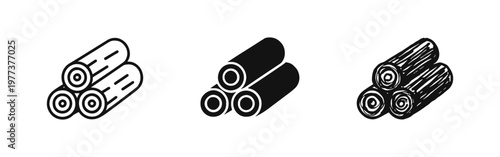Pile of wooden logs icon set representing forestry and timber industry in outline, solid, and hand-drawn styles