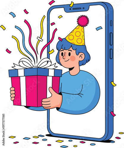 Person in party hat holding a gift box inside a smartphone screen with confetti illustrating a virtual celebration or online gift celebration birthday