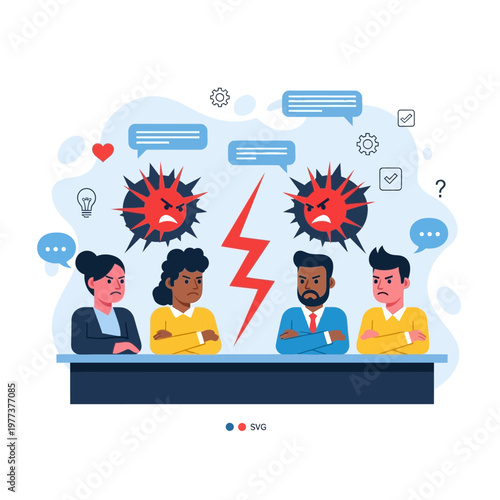 Business conflict, disagreement and argument between colleagues, team dispute illustration