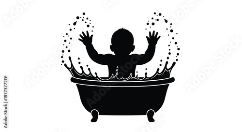A joyful baby splashes playfully in a bathtub black silhouette