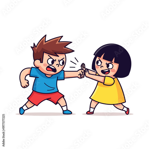 Cartoon kids fighting, boy and girl arguing and pushing hands, conflict and disagreement concept