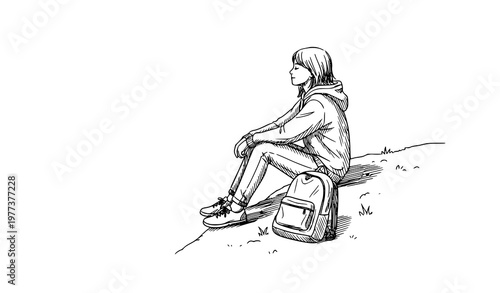 Teen student sitting on embankment relaxing sketch vector illustration