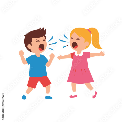 Children Arguing, Brother and Sister Fighting, Cartoon Kids Yelling, Conflict and Dispute