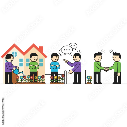 Conflict Resolution: Neighbors Arguing Over Property Line, Then Agreeing