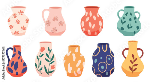 Colorful ceramic vases with floral designs a decorative silhouette