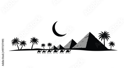 Desert landscape with pyramids camels and a crescent moon silhouette