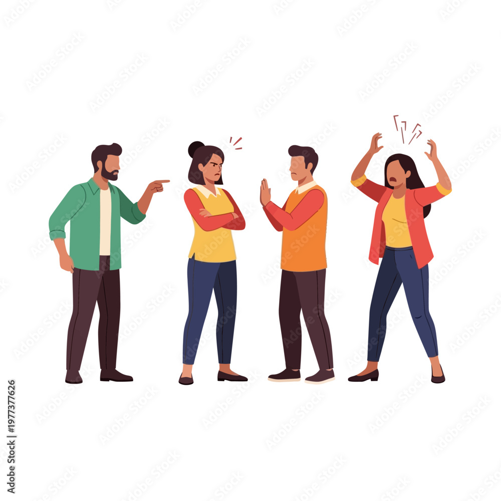 Obraz premium Diverse group arguing, disagreement, conflict, stressful situation, people fighting, relationship problems, unhappy faces