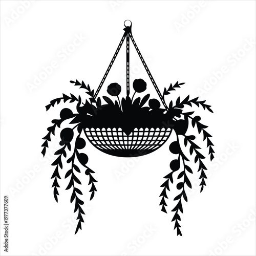 A black silhouette of a hanging basket with plants and flowers
