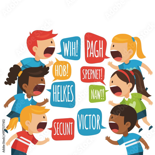 Diverse children arguing and shouting with speech bubbles, concept of childhood conflict and communication