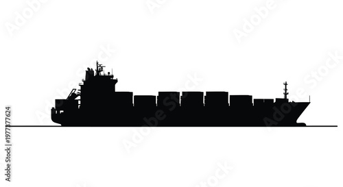 Black silhouette of a large cargo ship at sea silhouette