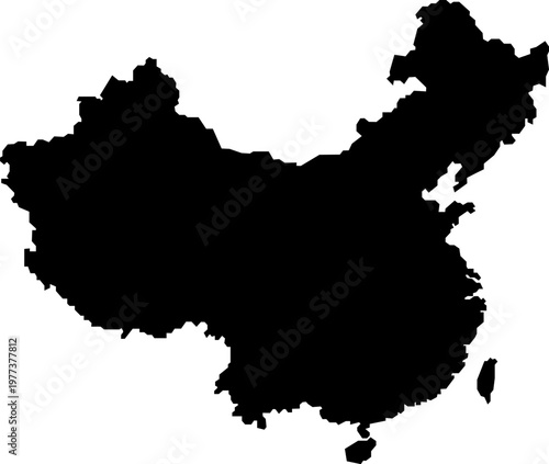 Black Silhouette Map of China Isolated on White Background