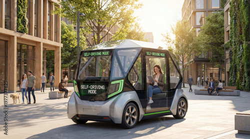 Autonomous electric shuttle driving through smart eco city with passenger