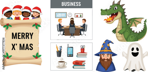 Christmas scroll greeting with kids Santa hats business meeting concept dragon wizard and ghost cartoon vector illustration collection