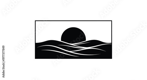 Minimalist seascape with a dark sun setting over waves silhouette
