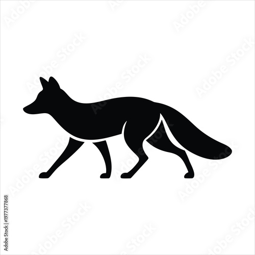 A black silhouette of a fox walking on a white background