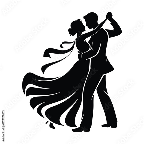 A black silhouette of a couple dancing together in a romantic waltz