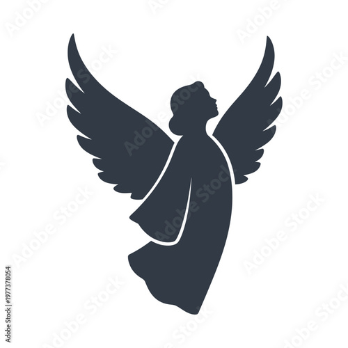 Silhouette Angel With Open Wings Looking Up, Isolated On White Background