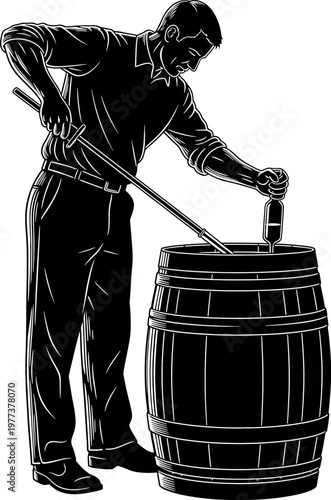 Vintage illustration of a cooper working with a wooden barrel traditional craftsmanship