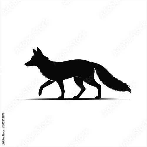 A black silhouette of a fox walking on a plain background