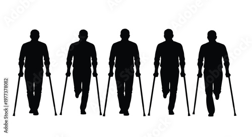 Five men walking with crutches a striking black silhouette