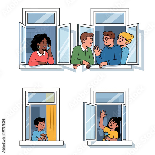 Diverse neighbors interacting from apartment windows, community connection, social distancing concept