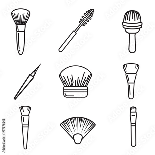 Minimal makeup brush icon set, cosmetic beauty tools outline vector collection