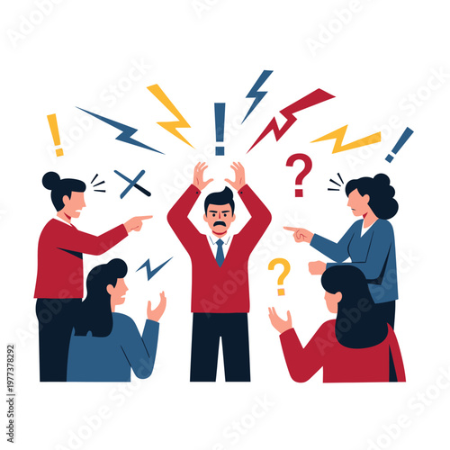 Man overwhelmed by group conflict, pointing fingers, stress, confusion, arguments, teamwork failure