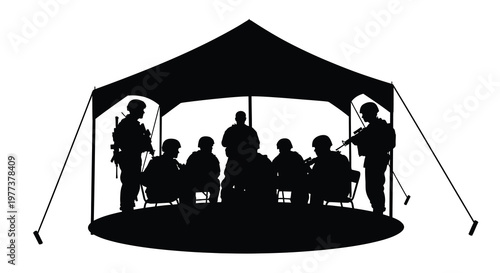 Soldiers gathered under a canopy a striking black silhouette