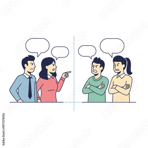 People arguing, conflict and disagreement, communication breakdown, two groups arguing