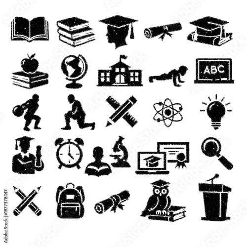 Minimalist White Education and Academic Icon Set on Black Background