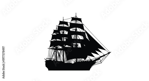 Detailed sailing ship illustration in stark black a dramatic silhouette