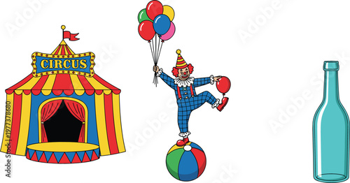 Circus tent with clown balancing on ball holding balloons and glass bottle illustration colorful cartoon vector collection