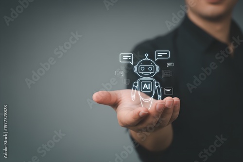 Man holding AI robot hologram digital technology innovation futuristic artificial intelligence concept