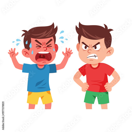 Two boys fighting, one crying, the other angry, conflict, disagreement, childhood emotions