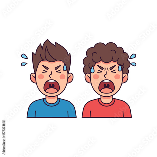 Two boys shouting, crying and sweating, distressed facial expressions, cartoon illustration
