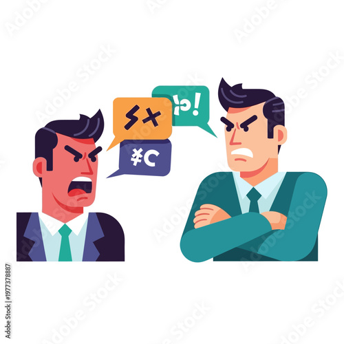 Two businessmen arguing, conflict, disagreement, communication breakdown, stress, shouting