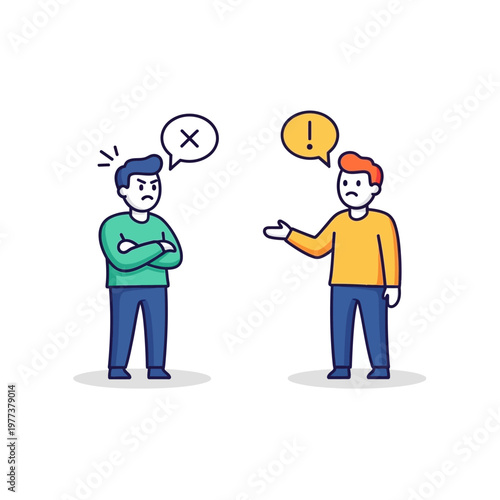 Two men arguing, one angry with crossed arms, the other gesturing with exclamation mark