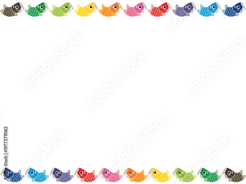 跳ねるかわいい鯉のぼりが上下に並んだフレームのイラスト（カラフル）