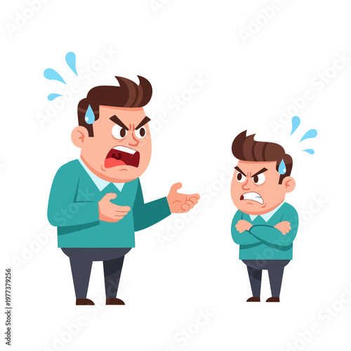 Angry Father Scolding Son, Frustration, Conflict, Disagreement, Family Stress, Cartoon Style