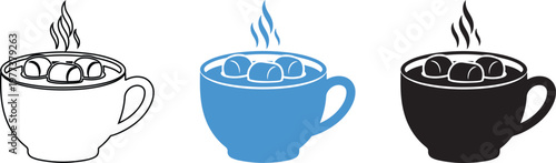 Three colorful coffee cups with marshmallows on a white background