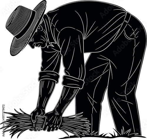 Vintage woodcut illustration of a farmer bending over harvesting crops with a straw hat